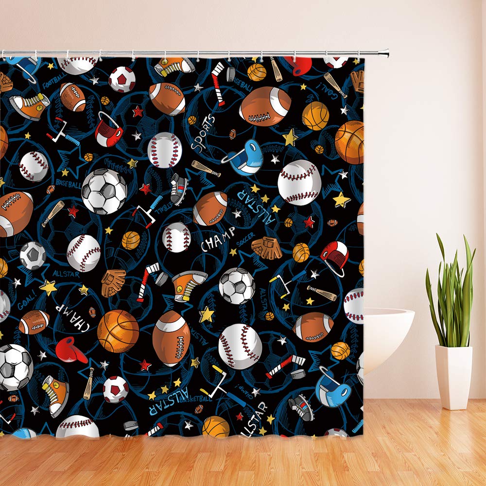 Sports Themed Shower Curtain - Basketball Football Baseball Soccer Hockey Star Pattern Blue Fabric Bathroom Decor with Hooks | Perfect for Game Room, Kids' Bathroom & Sports Enthusiasts
