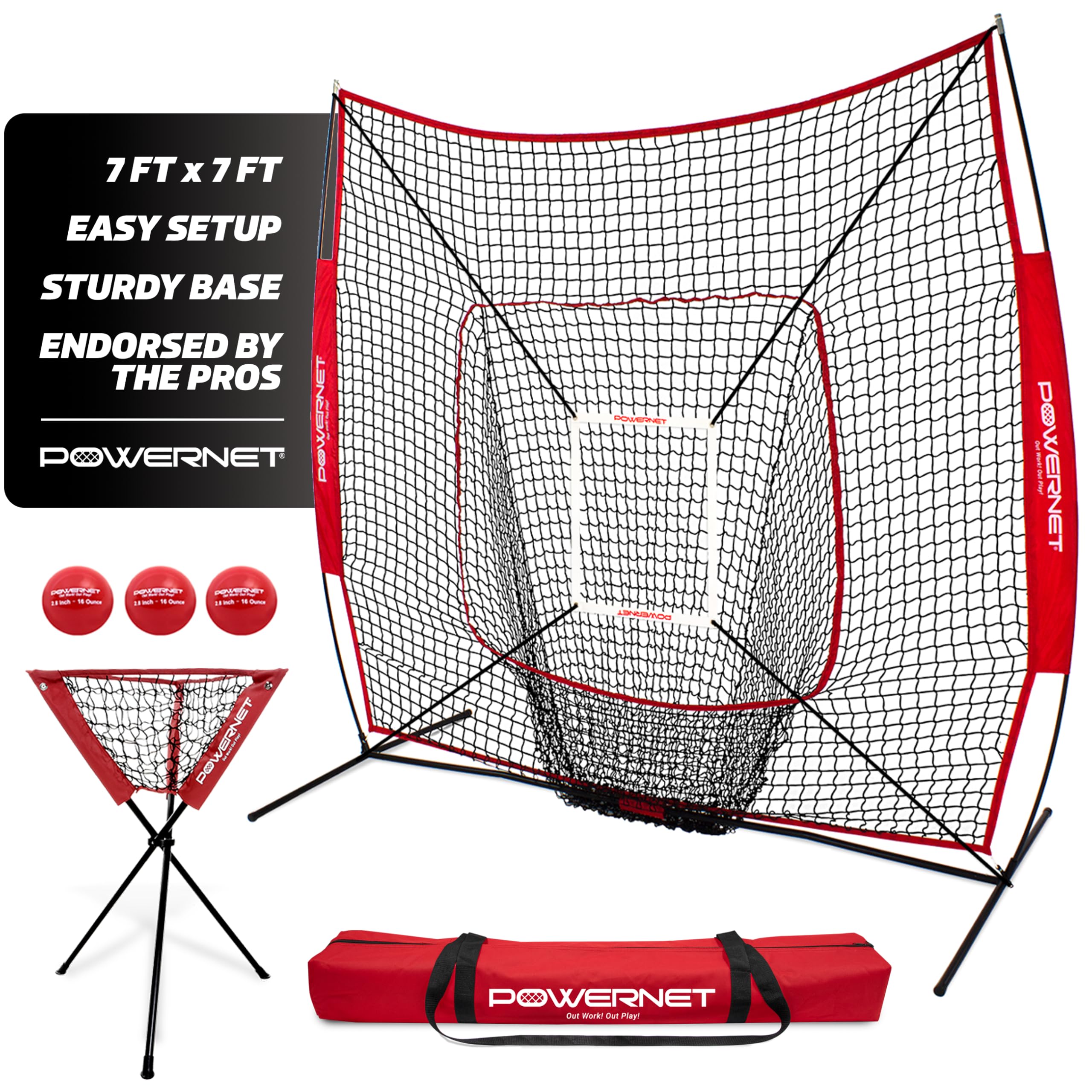 PowerNet 7x7 Baseball & Softball Practice Net with Pitching, Batting & Fielding Accessories - Includes Ball Caddy, Weighted Baseballs & Tee - Perfect for Backyard Training, Team Drills & Solo Practice Sessions