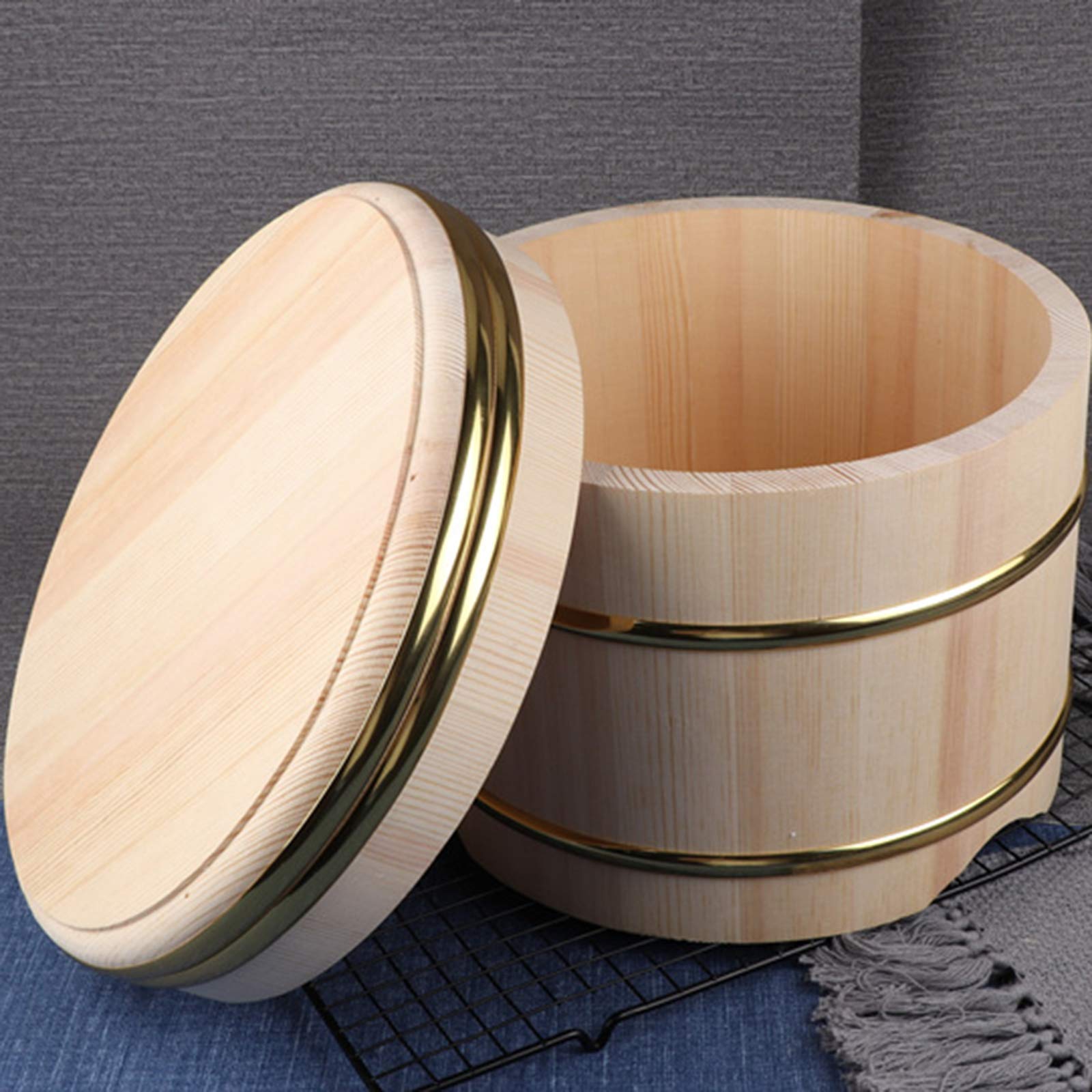 Premium Large Wooden Sushi Rice Bowl with Lid - 33cm Traditional Sushi Oke Mixing Tub with Copper Banding - Authentic Japanese Restaurant Sushi Making Accessory - Perfect for Sushi Chefs, Home Cooking & Asian Cuisine Preparation