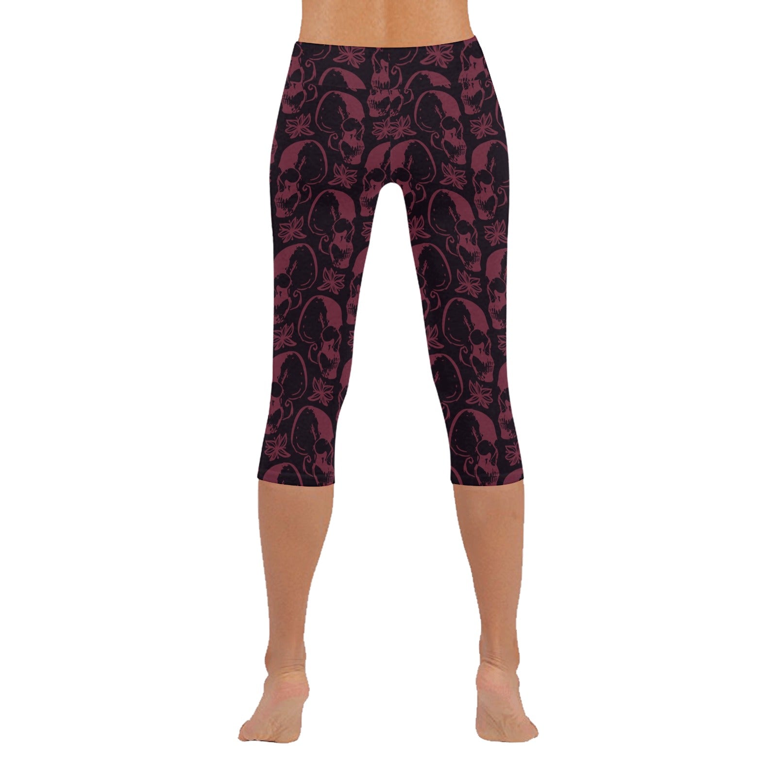 Purple Skulls Low Rise Capri Leggings for Women - Gothic Yoga Pants for Workout, Fitness & Casual Wear