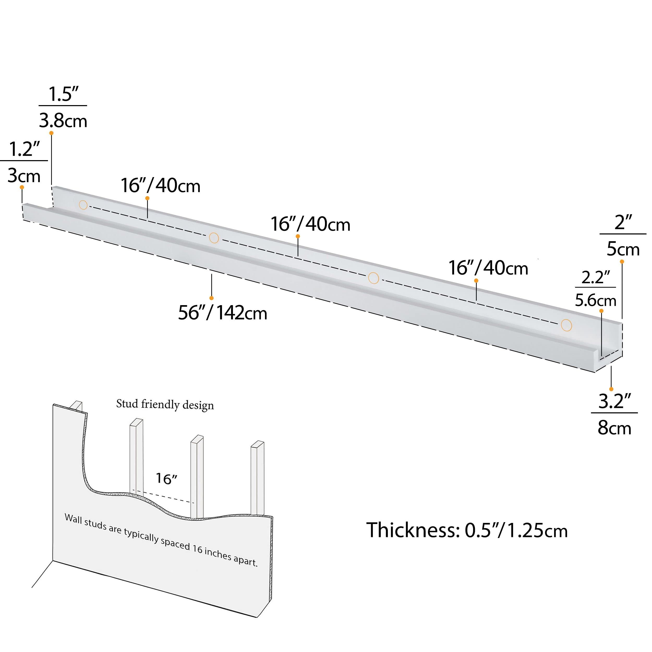 Modern Floating Shelves Set of 2 - 56 Inch Long Narrow Wall Mounted Picture Ledge - White Denver Style - Mounting Hardware Included - Perfect for Living Room, Bedroom & Office Decor