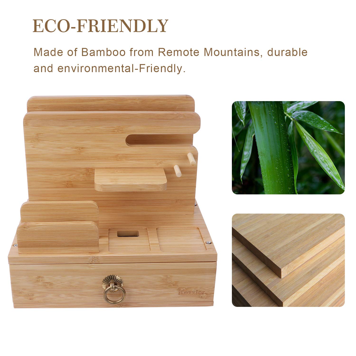 iCozzier Bamboo Multi-Device Charging Station & Organizer - Universal Dock for Apple Watch, AirPods, iPhone, iPad, Tablets & Kindle - Compact Desktop Storage with Drawer for Keys & Accessories - Perfect for Home, Office & Travel Organization