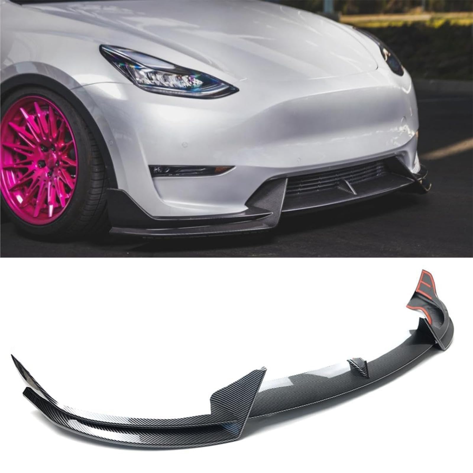 Carbon Fiber Print V-Style Front Bumper Lip Splitter Spoiler for Tesla Model Y 2017-2023 - 3-Piece Set - Enhances Aerodynamics & Sporty Look for Street Racing & Car Shows