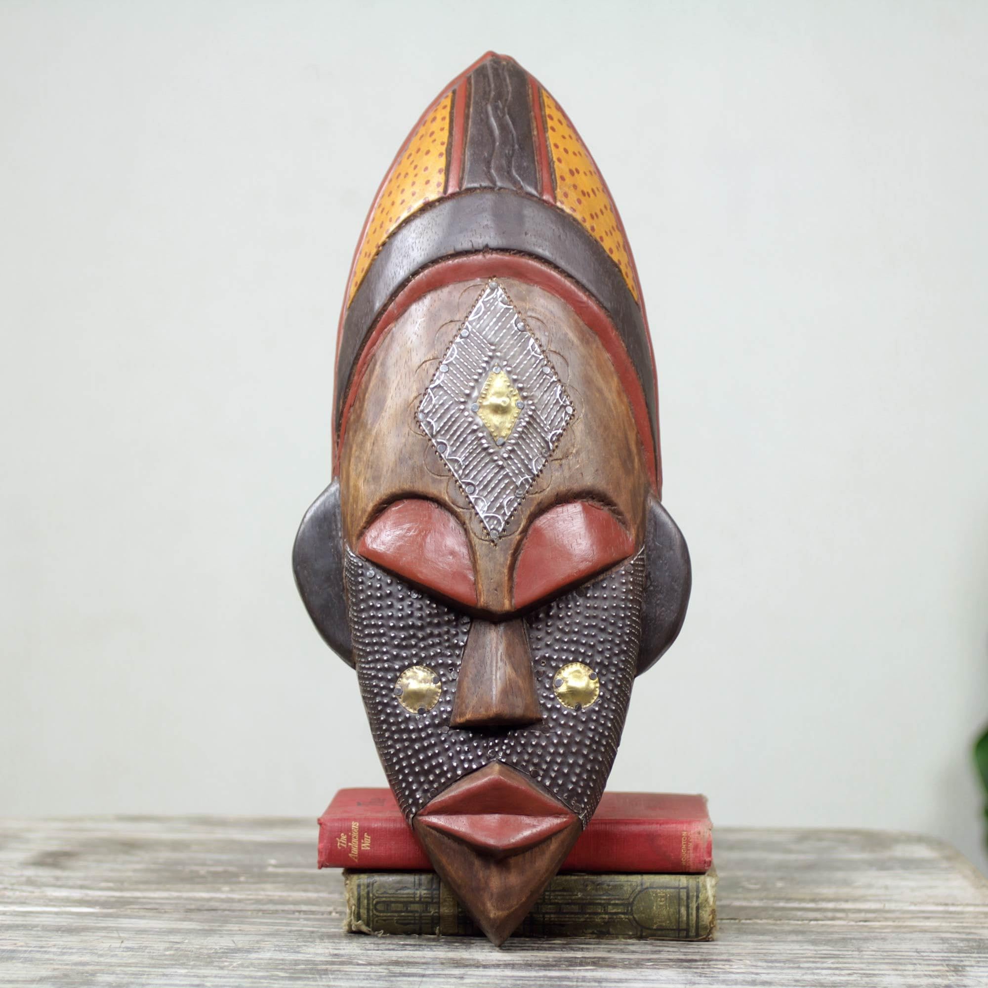 Handcrafted African Wood Wall Mask - Brown and Red Dan Beauty Tribal Art for Home Decor | Unique Cultural Wall Hanging for Living Room, Bedroom & Office