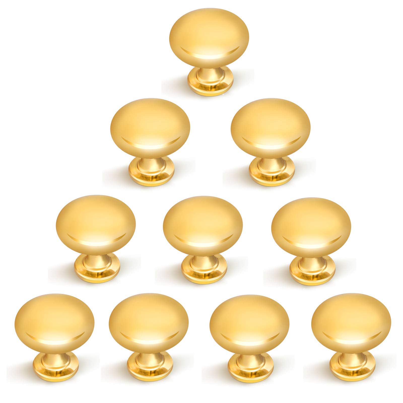 10 Pack Polished Gold Drawer Knobs - Solid Brass Kitchen Cabinet Hardware - Euro Style Round Dresser Knobs (1-1/5