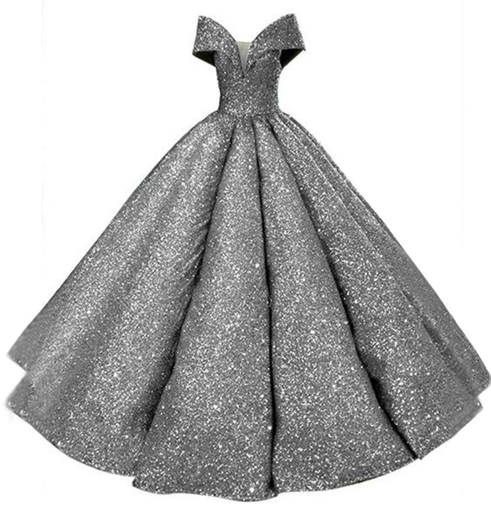Emanni Women's Off-The-Shoulder Quinceañera Dress with Sequin & Ruffles - Elegant Silver Ball Gown for Prom, Sweet 16, Homecoming & Special Occasions
