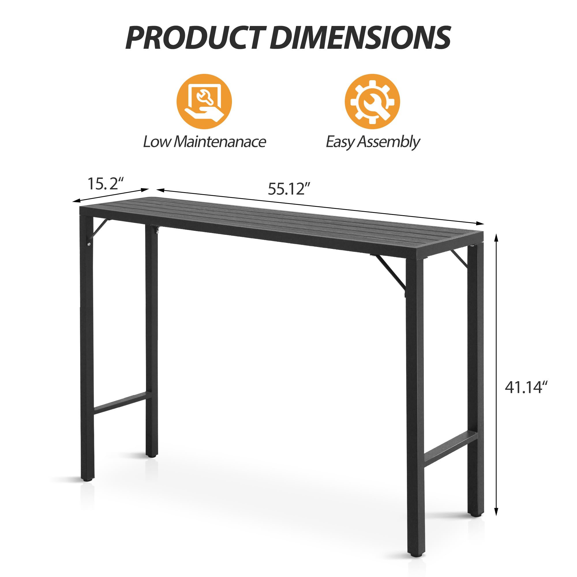 55 Inch Outdoor Bar Table - Patio Bar Height Counter with Waterproof Top for Balcony, Garden, Yard & Poolside - Black Pub Dining Table for Outdoor Entertaining & Relaxation