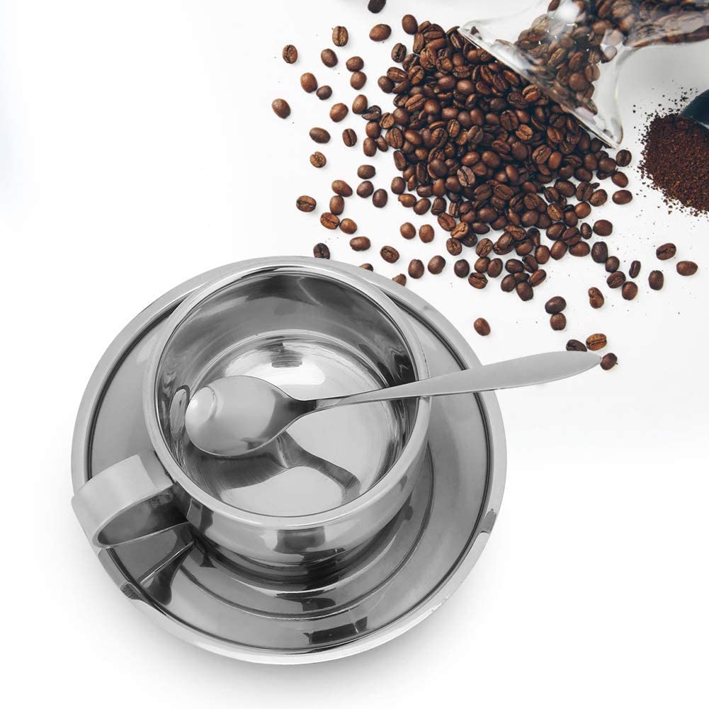 Premium Stainless Steel Coffee Cup Set - 125ML Espresso Mugs with Saucer & Spoon - Ideal for Cappuccino, Latte, Tea - Perfect Gift for Coffee & Tea Lovers - Great for Home, Office, Cafe, and Restaurant Use