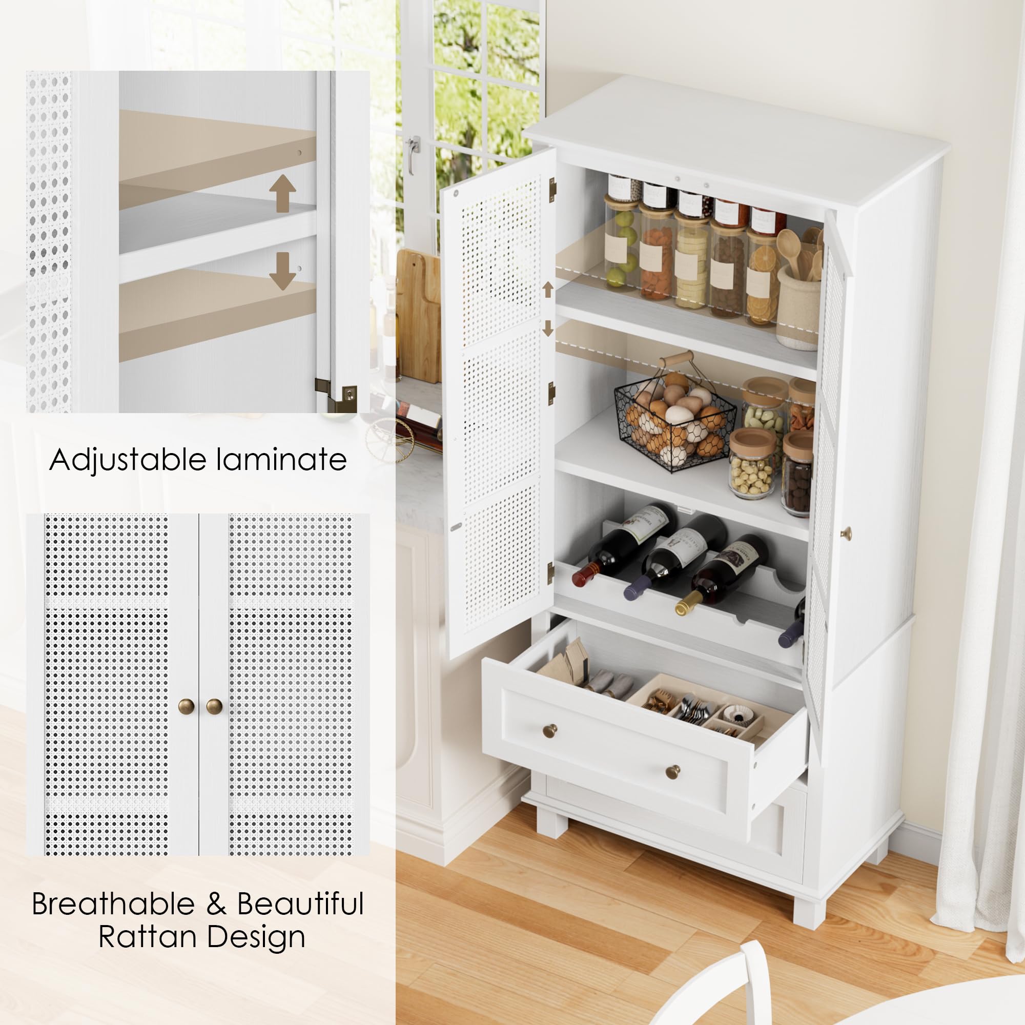 FOTOSOK White Kitchen Pantry Storage Cabinet with Rattan Doors, 2 Drawers & Adjustable Shelf - Perfect for Kitchen, Dining Room, and Home Organization