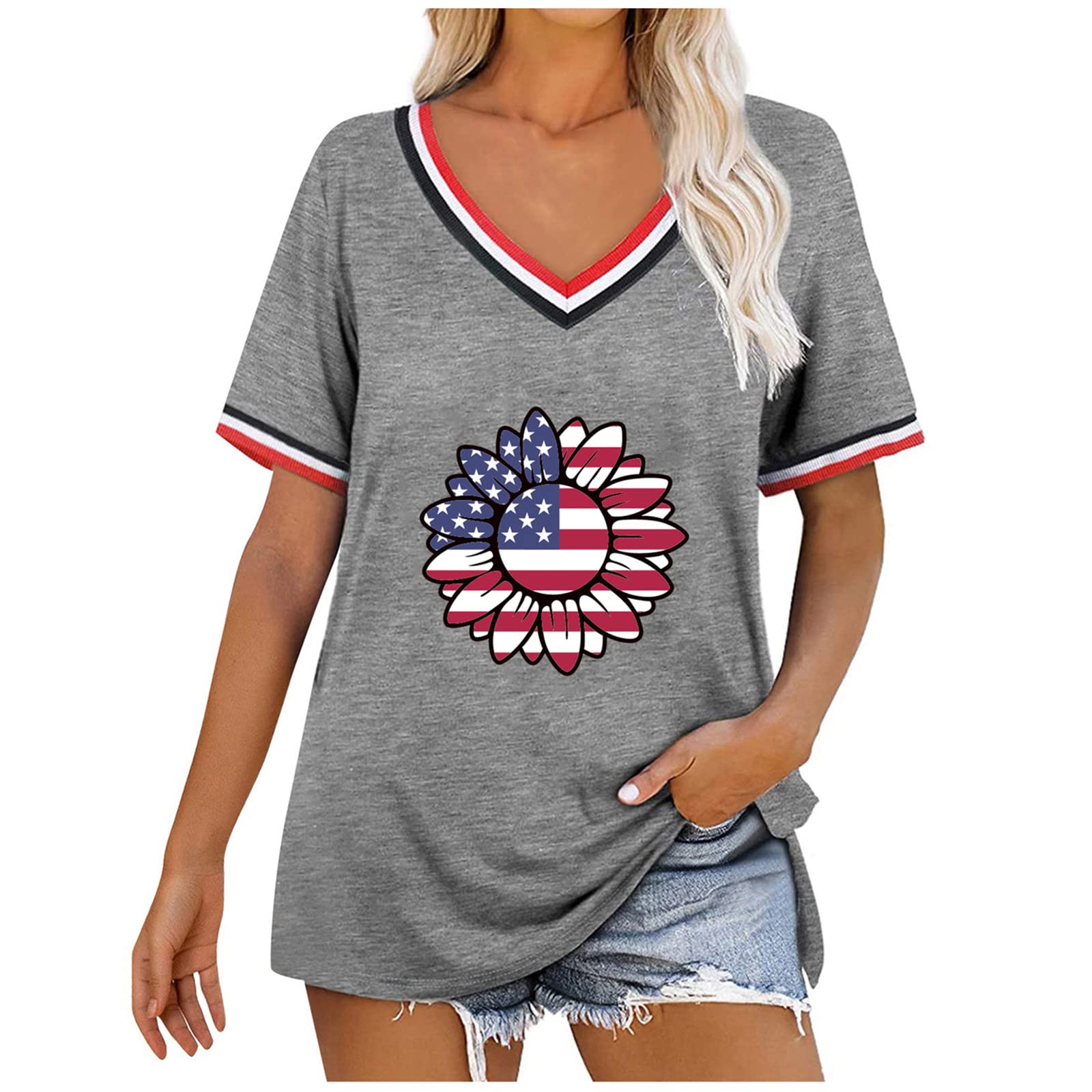 Women's Casual Loose Fit American Flag Print V-Neck Short Sleeve T-Shirt - Oversized Graphic Tee for Women - Perfect for 4th of July, Patriotic Events & Everyday Wear