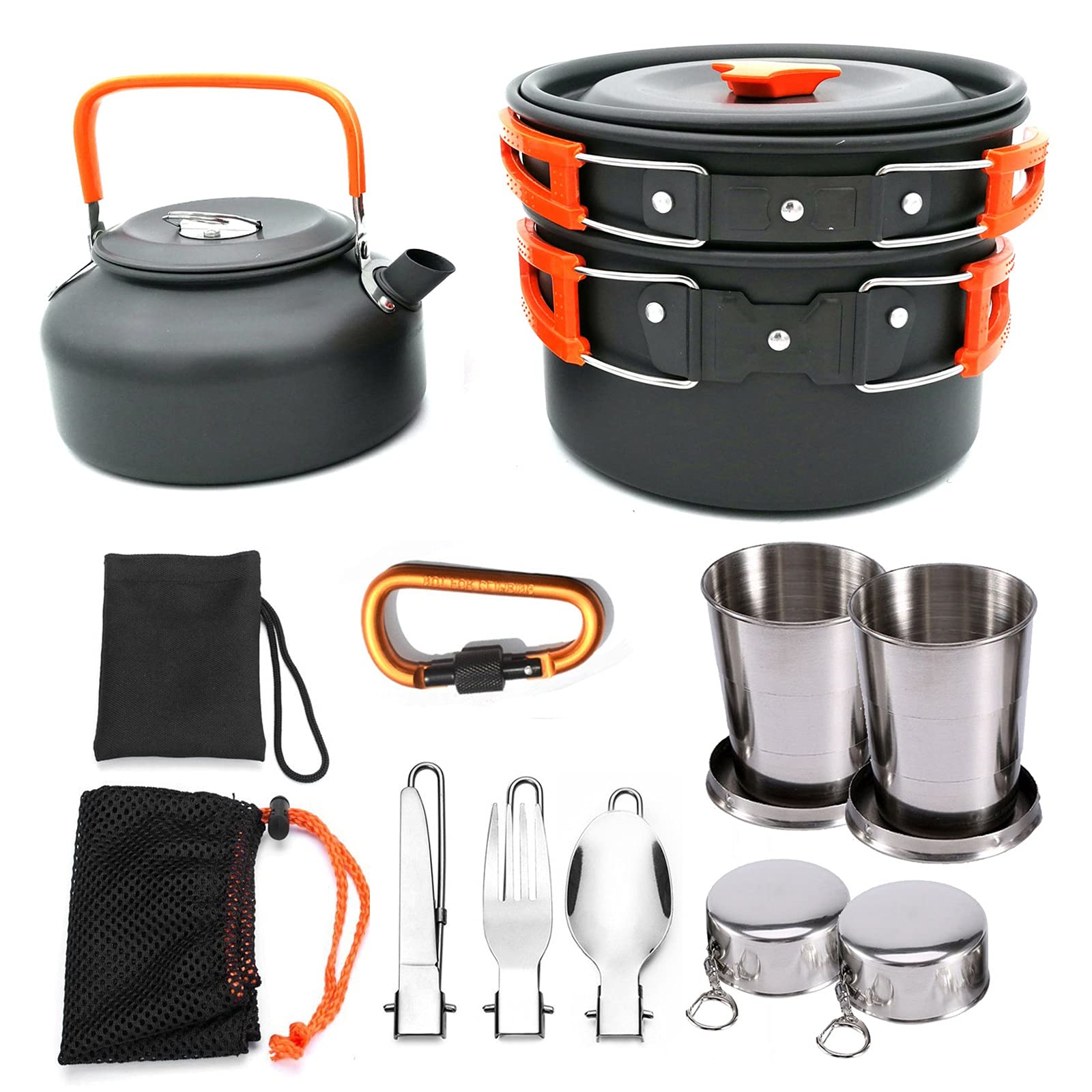 10-Piece Lightweight Camping Cookware Set with Vented Lids - Portable Pot, Pan, Kettle & Foldable Fork/Spoon Kit for Backpacking, Hiking, Picnics & Outdoor Adventures (Orange) - Perfect for Camping Meals and On-the-Go Cooking
