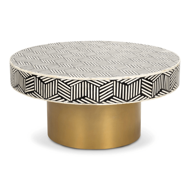 Handmade Bone Inlay Black and White Zig Zag Pattern Round Coffee Table with Brass Base - Perfect for Living Room, Lounge, or Office Decor