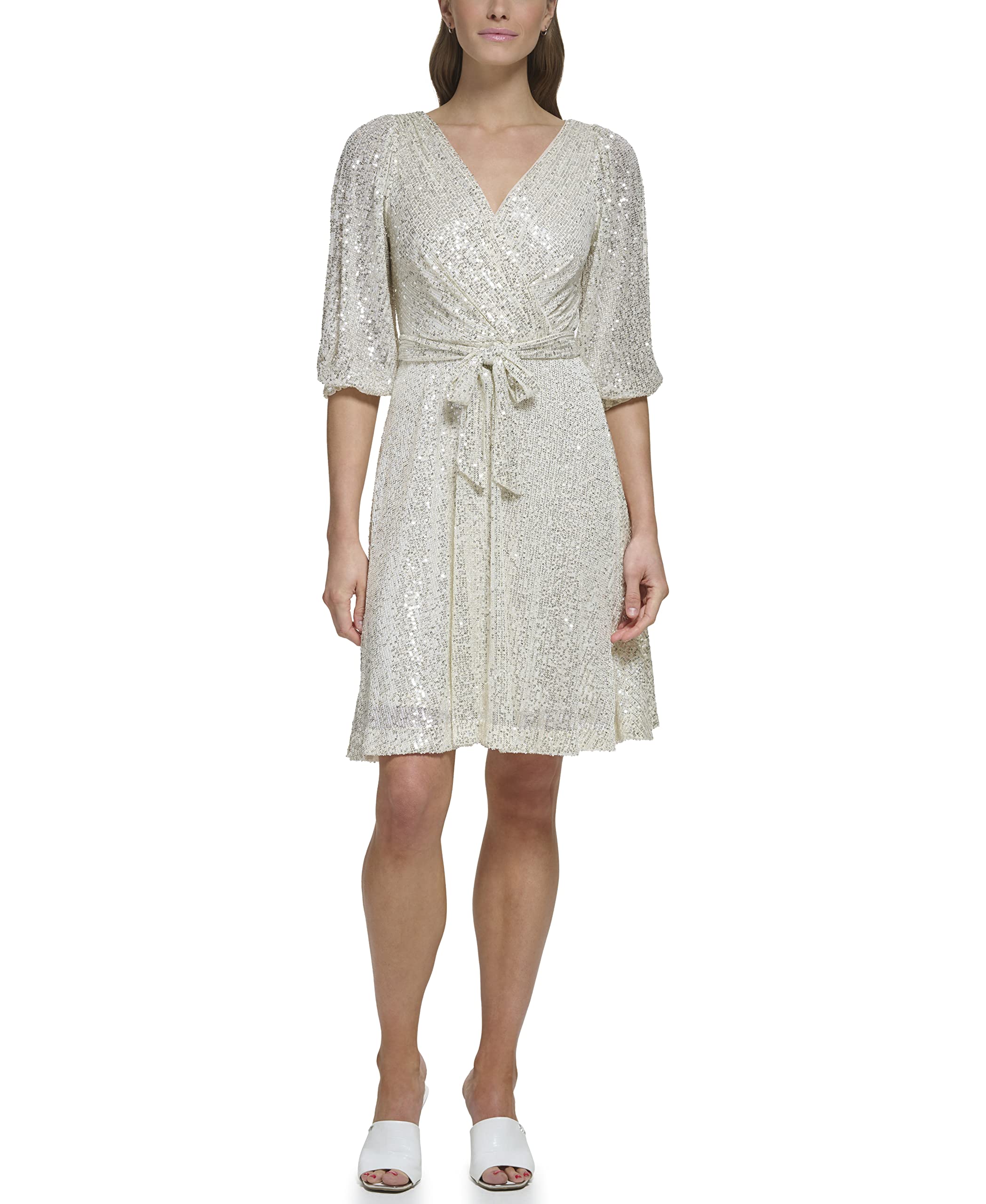 DKNY Women's Long Sleeve Sequin Surplice Faux Wrap Blouse - Elegant Party Top for Evening Events, Date Nights & Special Occasions