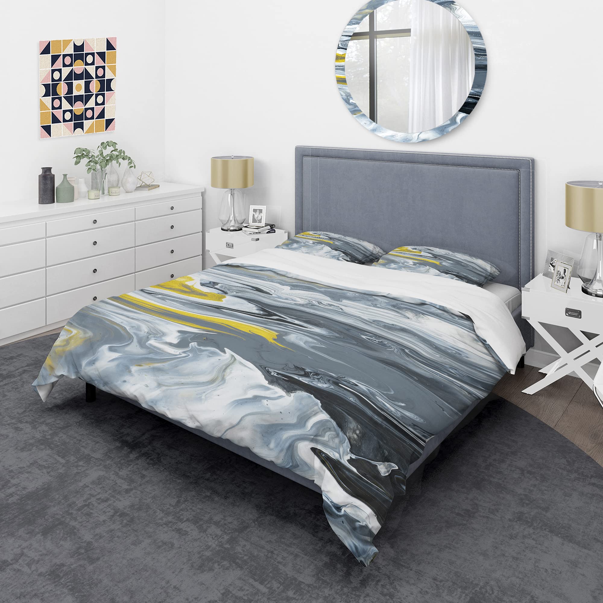 DesignQ Mid-Century Modern Duvet Cover Set - Hand-Painted Marble Acrylic in Yellow, Grey & White | Perfect for Boho Chic Bedrooms & Contemporary Home Decor