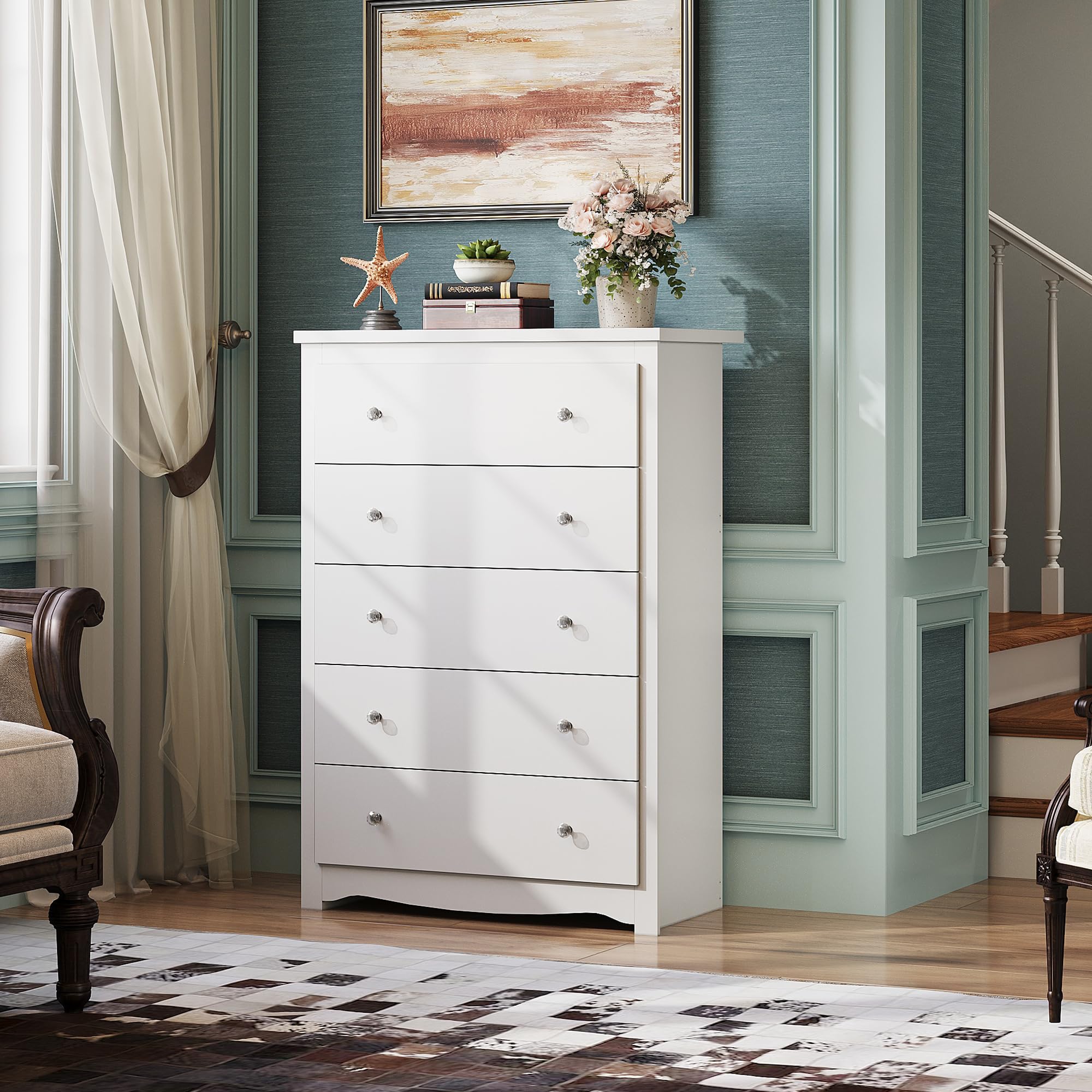 WLIVE White Wood Dresser with 5 Drawers - Modern Wooden Storage Cabinet for Bedroom, Living Room & Hallway - 15.7