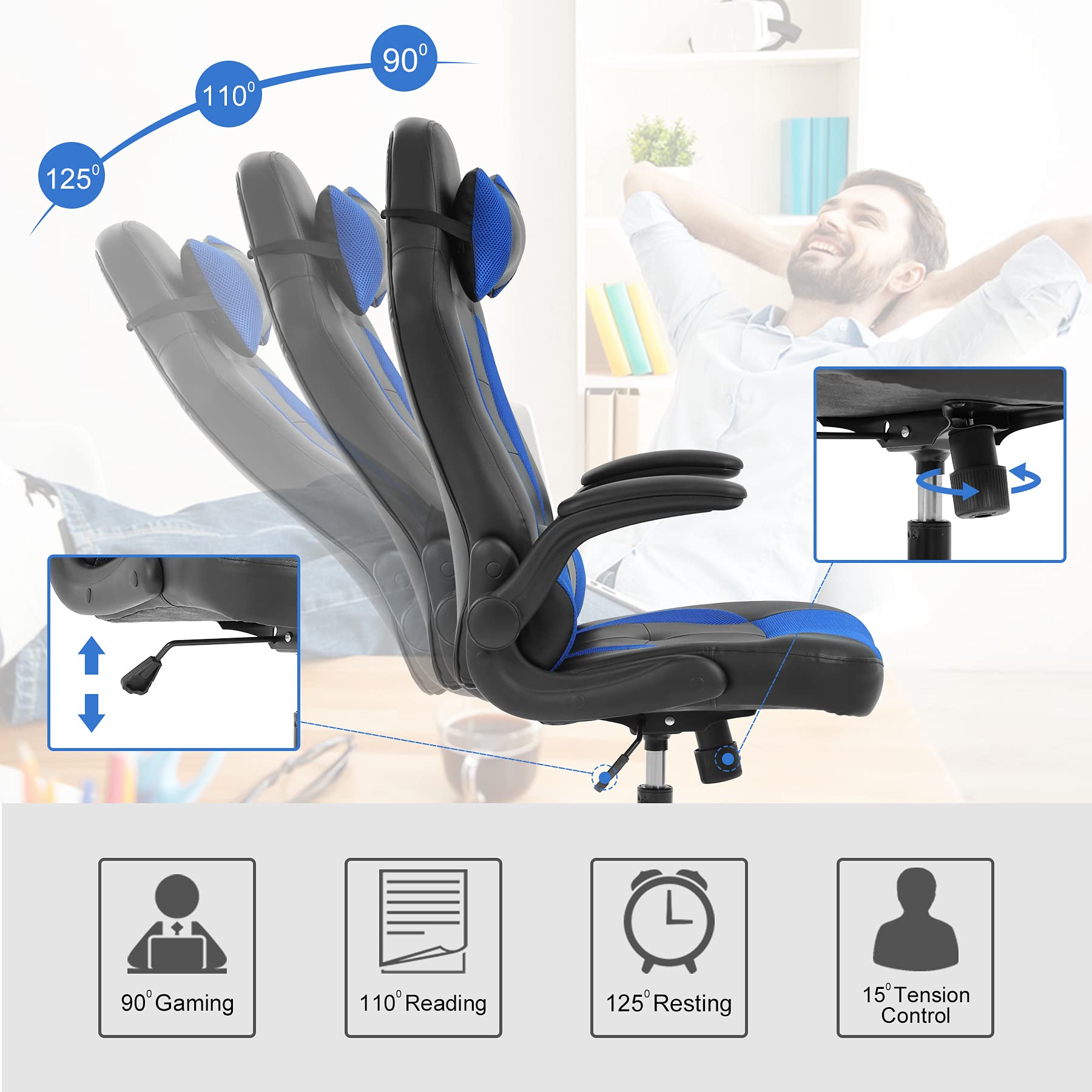 Ergonomic Gaming Chair with Lumbar Support - Adjustable PC Computer Racing Chair for Office & Home, Flip-Up Armrests, Swivel & Rolling Task Chair for Men & Women (Blue) - Perfect for Gaming, Working & Studying