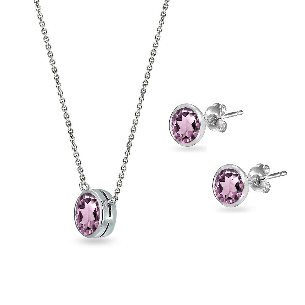 Women's Jewelry Sets - Sterling Silver Necklace & Earrings with Genuine/Synthetic Birthstones, 5mm Round Bezel Pendant & Stud Earrings | Perfect for Gifts, Anniversaries & Everyday Elegance