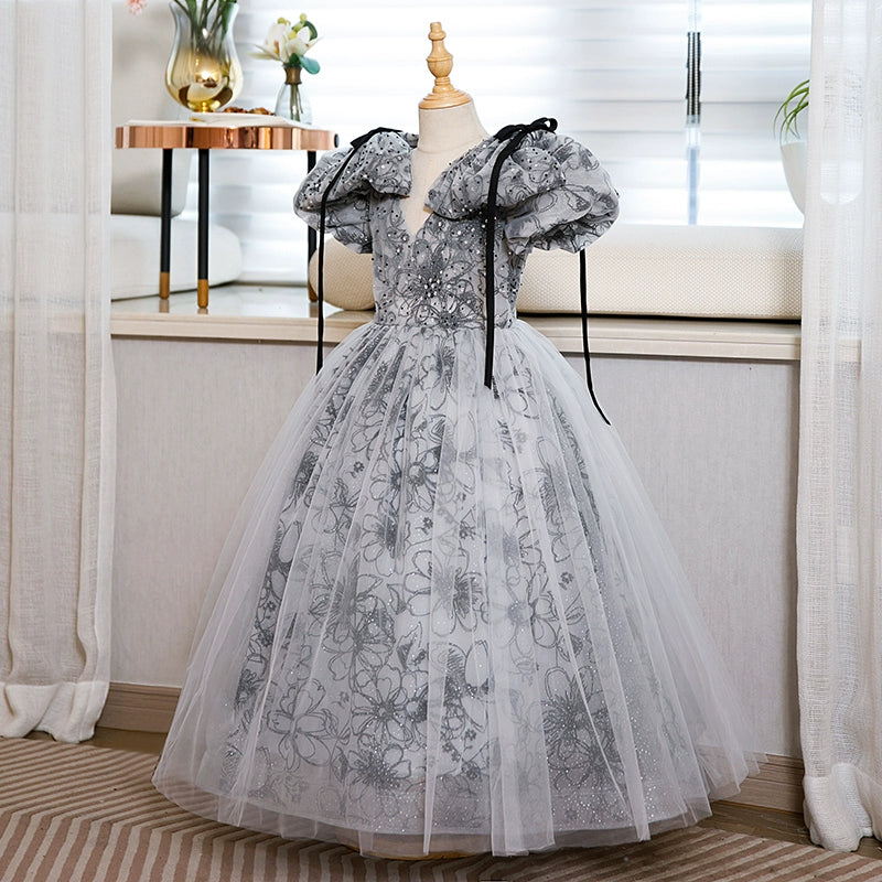 Elegant Baby Girls Puff Sleeve Floral Evening Dress - Toddler Ball Gowns for Special Occasions, Birthday Parties & Photo Shoots