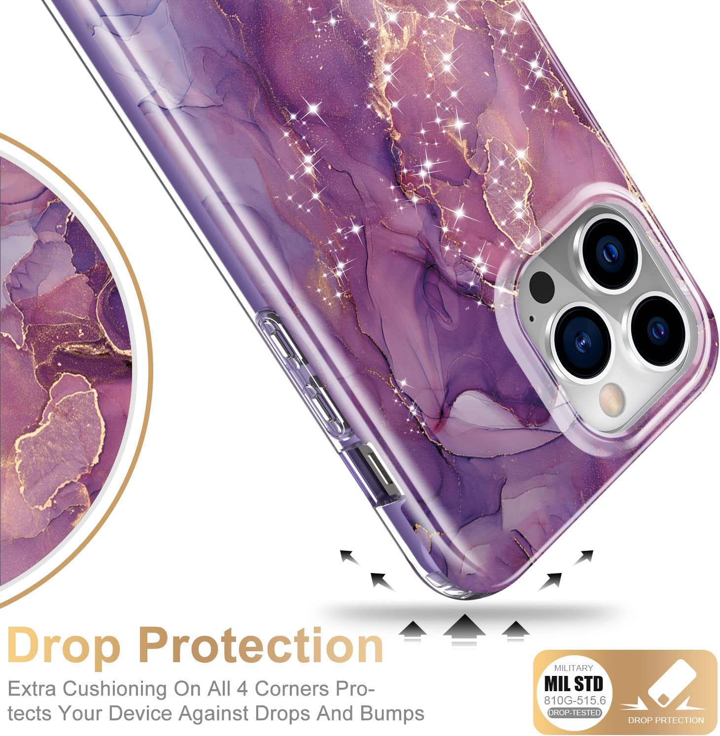 iPhone 14 Pro Case with Built-in Screen Protector - Military Grade Shockproof Cover, Purple Marble Design | Perfect for Outdoor Adventures & Daily Protection