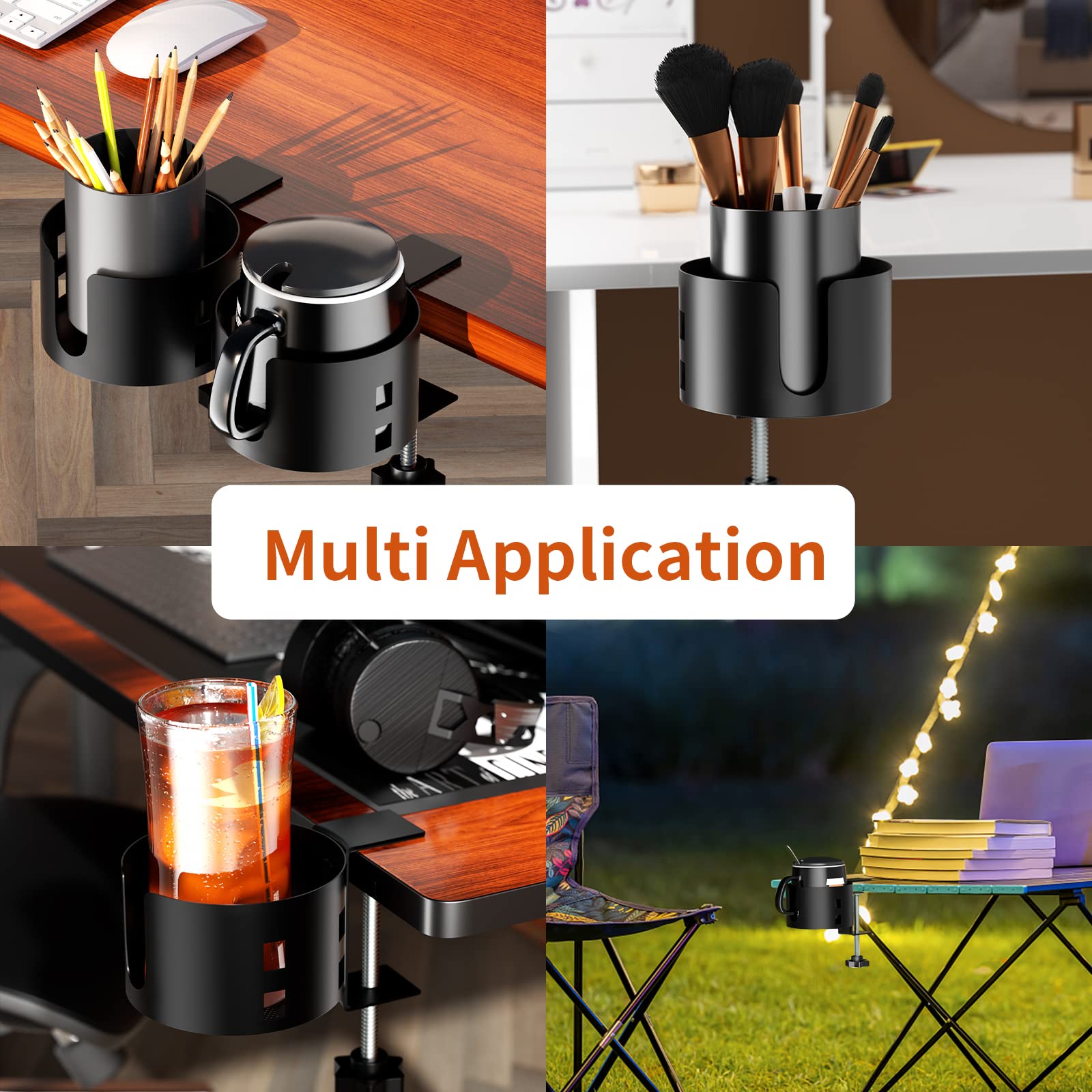 Upgraded Large Desk Cup Holder Clamp - OOKUU Anti-Spill Metal Office & Gaming Desk Accessory - Universal Fit for Cups, Bottles & Pencil Holders (Black) - Perfect for Workstations, Home Office & Gaming Setups