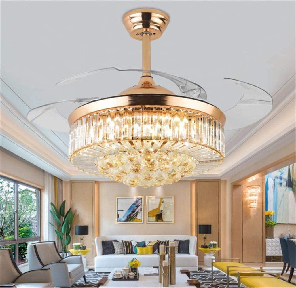 42 Inch Luxury Crystal Retractable Ceiling Fan with Remote Control - LED 3-Color Changing Light, Silent Invisible Fan Chandelier for Bedroom, Living Room (Rose Gold) - Modern Home Cooling & Elegant Lighting Solution