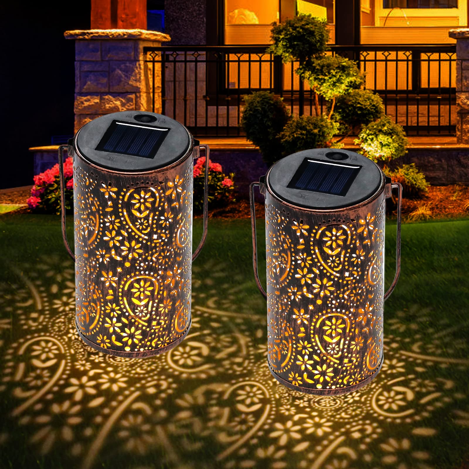 Solar Powered Outdoor Hanging Lanterns - Waterproof Metal Garden Lights for Patio, Yard, Table Decor (2 Pack) | Perfect for Backyard Parties, Wedding Decorations & Courtyard Lighting