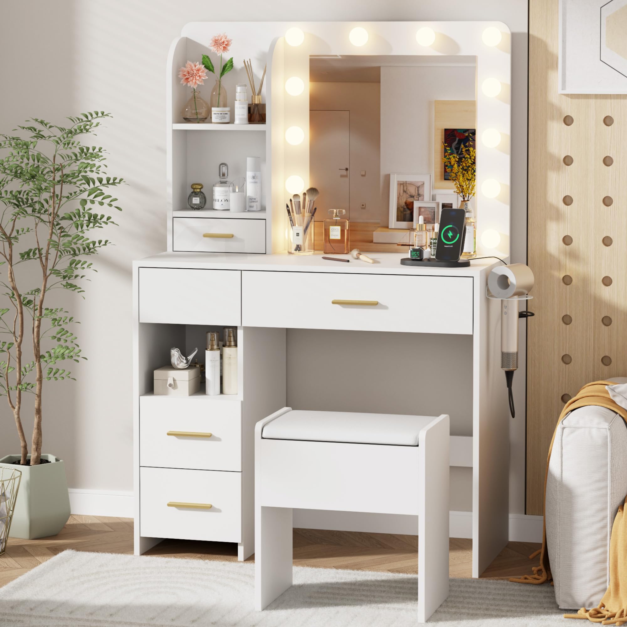 Vanity Desk with LED Lighted Mirror & Power Outlet - 3 Color Lighting Makeup Vanity Table with 5 Drawers & 3 Shelves, Includes Storage Stool - Perfect for Bedroom, Dressing Room & Home Beauty Station (White)