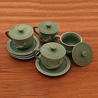 NOVICA Handmade Ceramic Cup and Saucer Set for 4 - Green Indonesian Tableware, Dinnerware Mugs with Hemlock & Lucite Limpet Shell Design - Animal Themed East Meets West Lizard Style (3.9