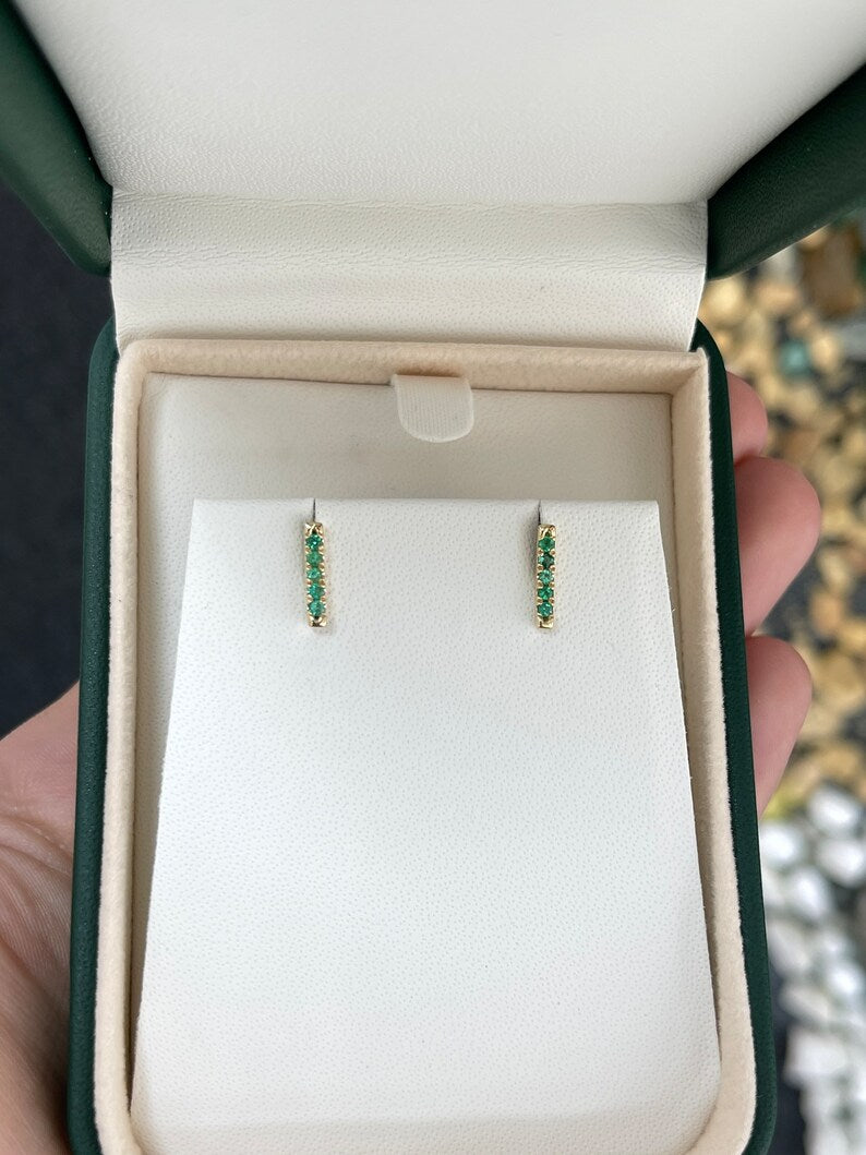 0.20 Carats Vivid Green Natural Emerald French Set Stacking Earlobe Bar Earrings in 14K Gold - Perfect for Everyday Wear, Gift Giving & Special Occasions