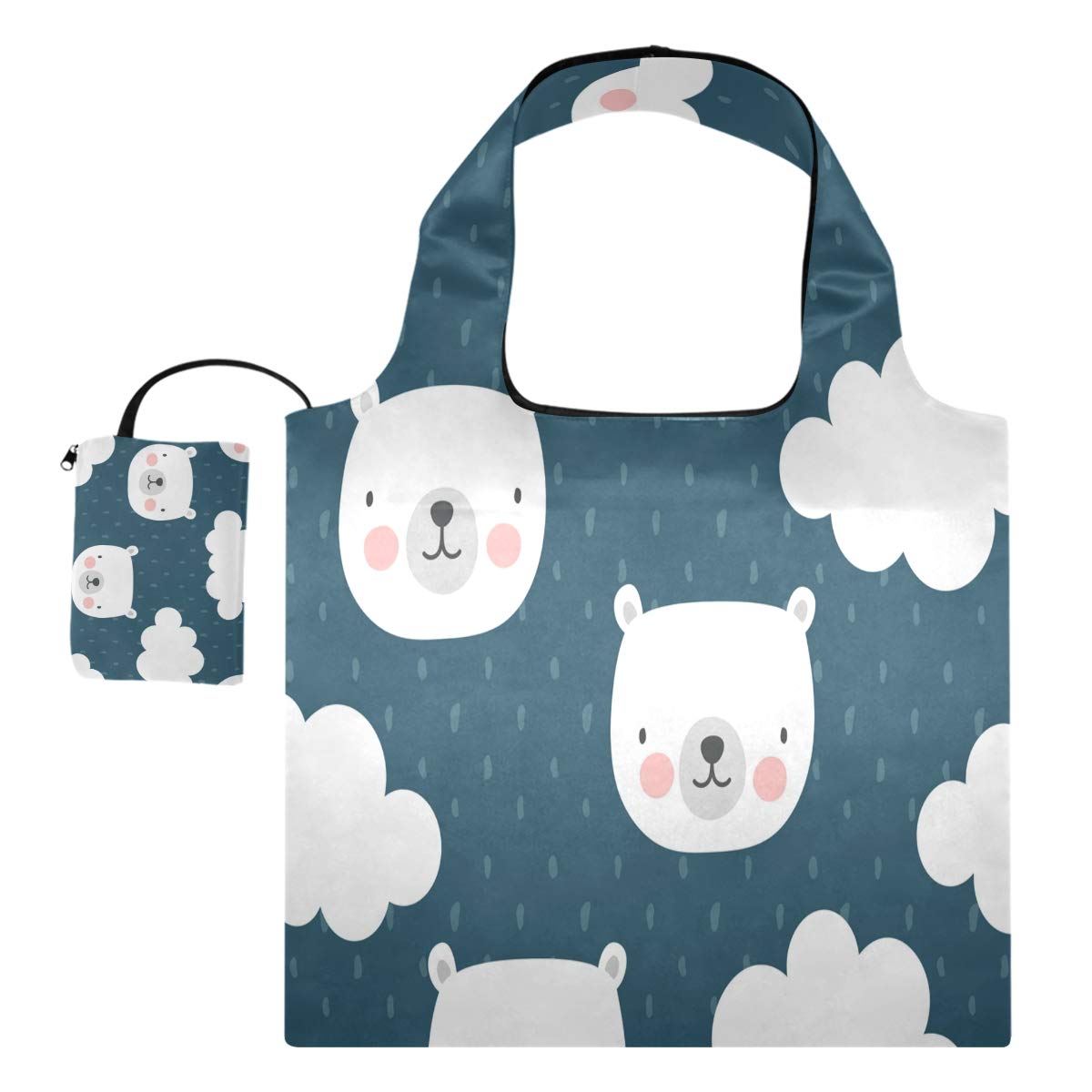 Blueangle Cute Polar Bear Reusable Grocery Bags with Pouch - Foldable Shopping Tote Bags, Large Capacity Eco-Friendly Cloth Bags, Durable & Machine Washable - Perfect for Groceries, Beach Trips & Daily Errands
