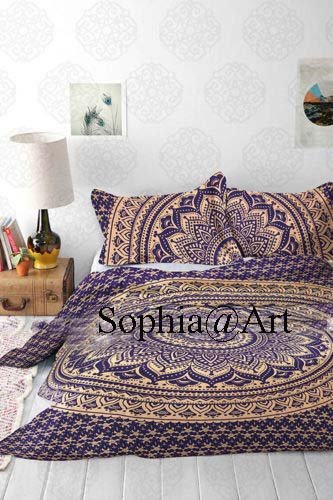 Sophia-Art Indian Handmade Hippie Cotton Ethnic Print Bohemian Mandala Ombre Duvet Cover Set - Twin Size 52x74 Inches (Blue Gold Ombre) with 2 Pillow Shams - Perfect for Boho Bedroom Decor, Guest Room, Dorm Room & Yoga Retreats