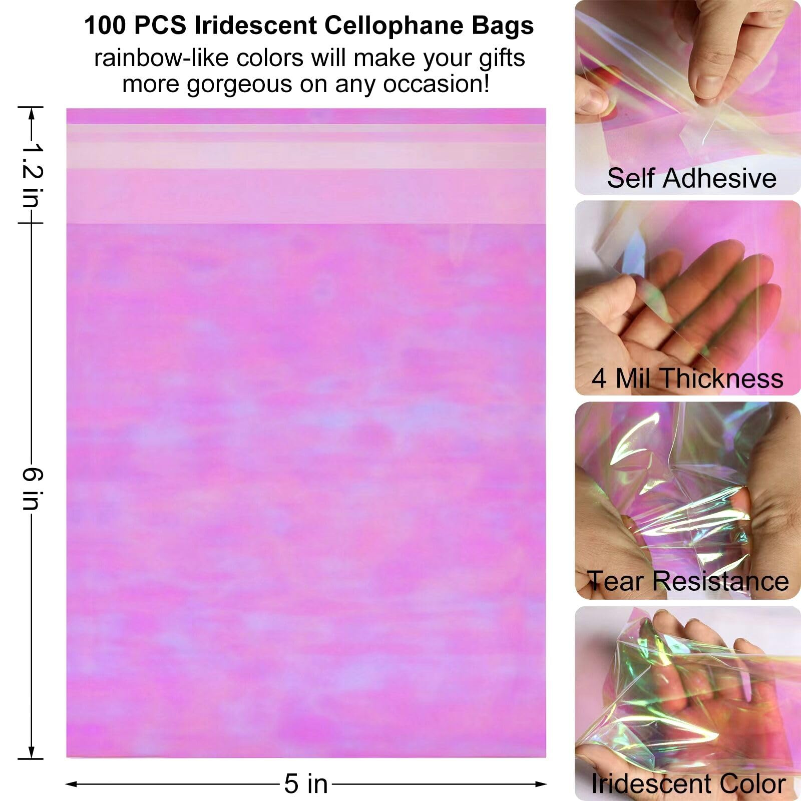 Self-Sealing Iridescent Cellophane Bags 5x6 Inches - 100 Pack Resealable Treat Bags for Cookies, Candies & Bakery Goods | Perfect for Gift Wrapping, Party Favors, Wedding Treats & Holiday Packaging
