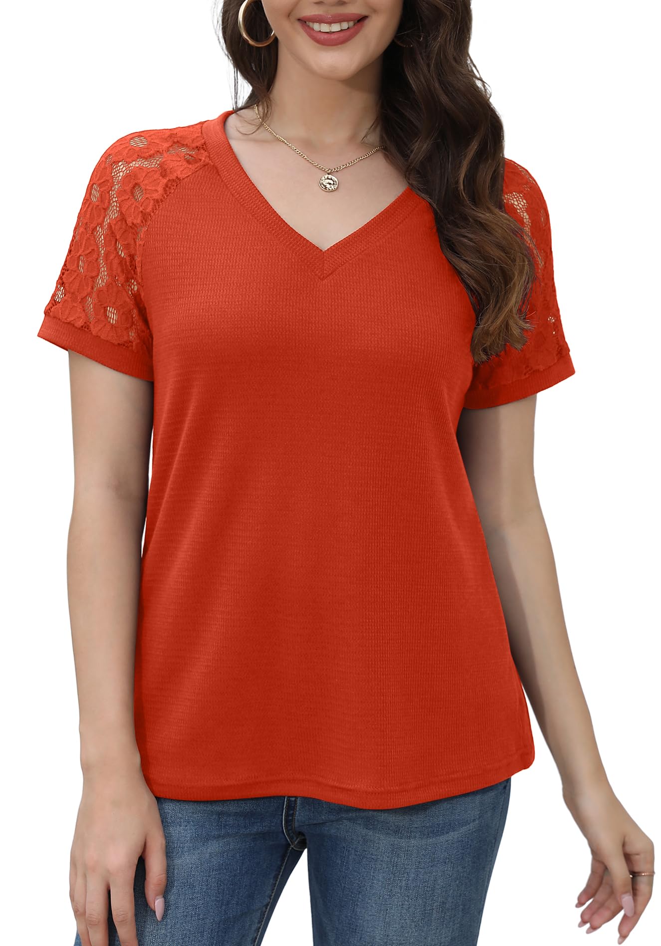 Jouica Women's Summer Lace Short Sleeve V-Neck Blouse - Loose Casual Waffle Tee Top for Beach, Vacation & Everyday Wear