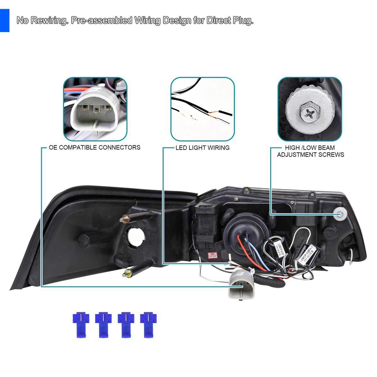 Spec-D Tuning Jet Black LED Dual Halo Projector Headlights for 1999-2004 Ford Mustang - Left & Right Pair Headlamp Assembly - Upgrade Your Ride with Enhanced Night Visibility & Style