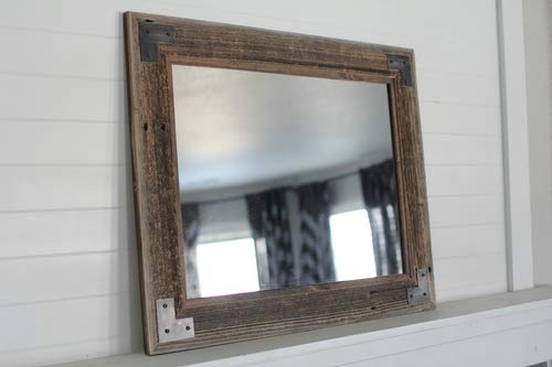 Reclaimed Barnwood Mirror 26x30 Inches - Rustic Farmhouse Decor with Metal Corner Brackets, Ranch Hand Style for Living Room, Bedroom, Entryway Wall Decor
