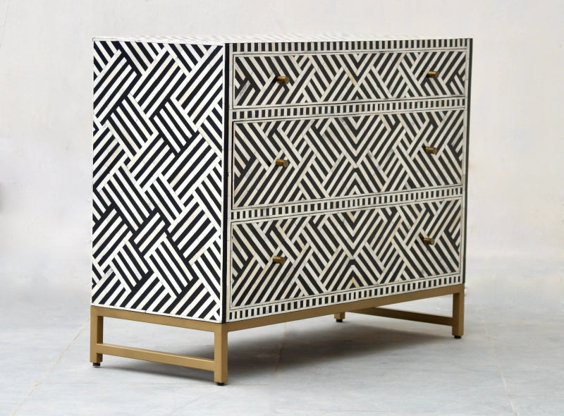 Handmade Bone Inlay Black Dresser with 3 Drawers - Elegant Optical Design for Bedroom, Living Room & Office Storage