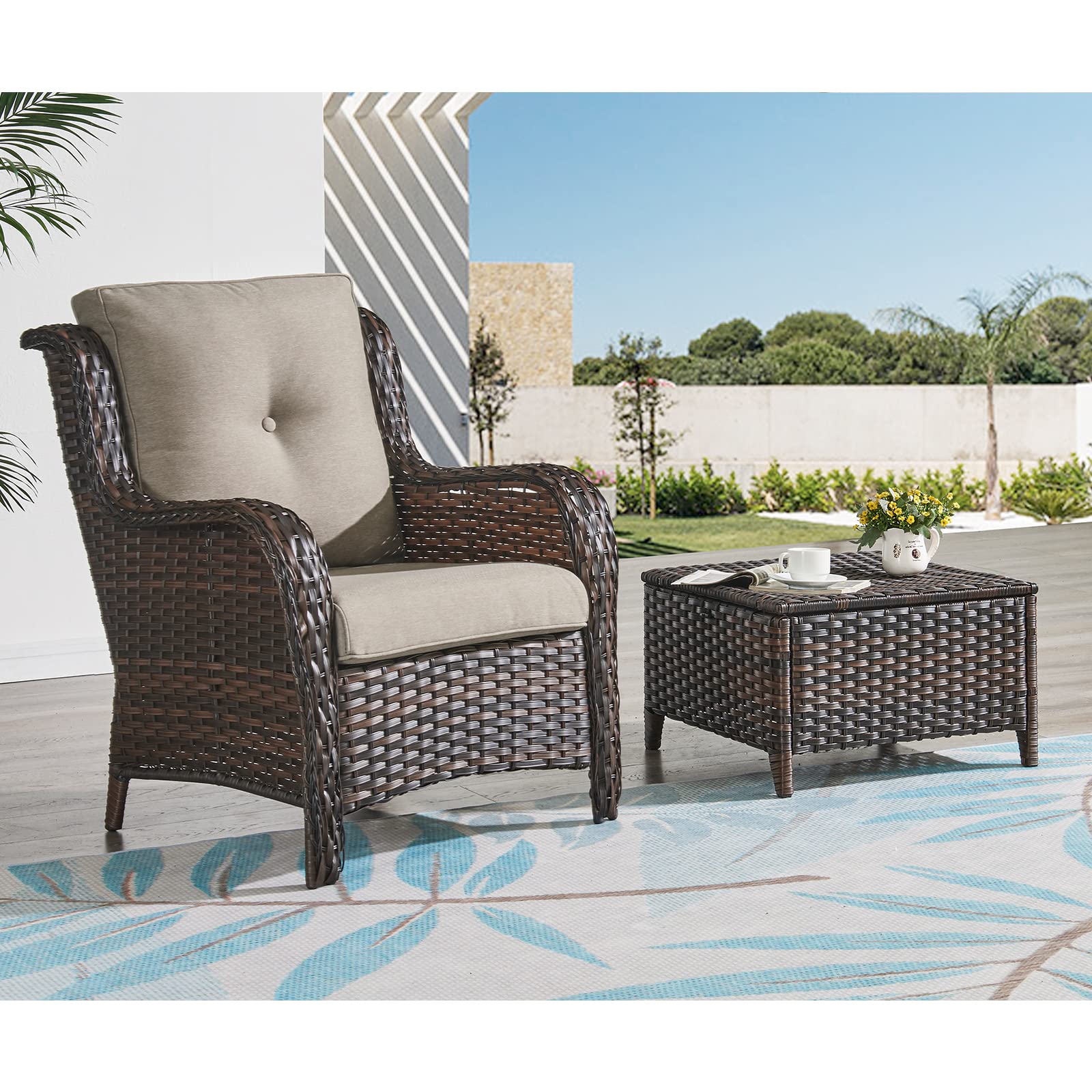 HUMMUH Outdoor Wicker Patio Chairs Set of 2 - PE Rattan Lounge Chairs with High Back & Curved Armrests, Includes 4