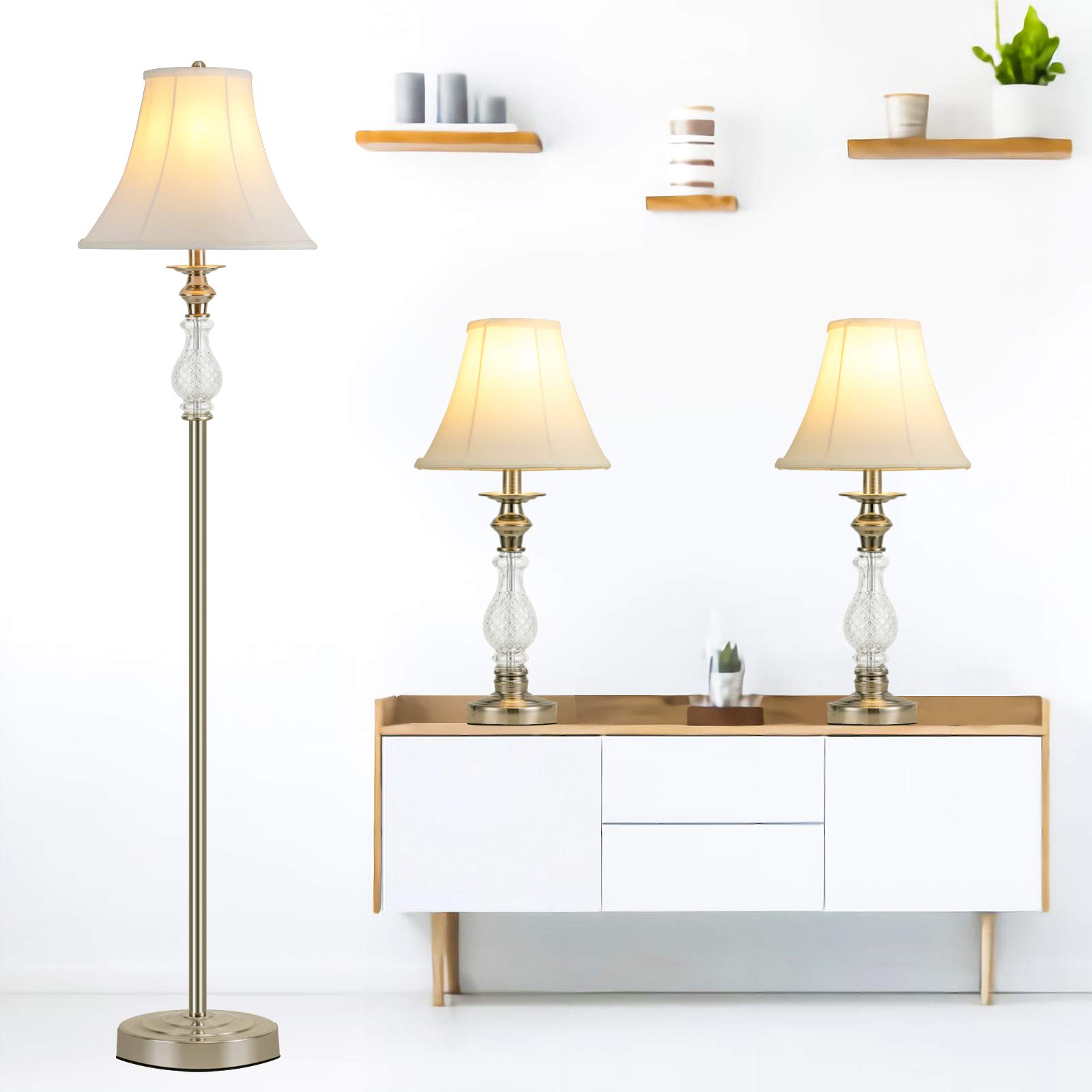 3-Piece Vintage Style Lamp Set - 2 Table Lamps & 1 Floor Lamp with Faux Silk Bell Shades for Bedroom, Living Room | Cozy Home Decor Lighting | Perfect for Reading Nook, Dorm Room & Apartment Lighting