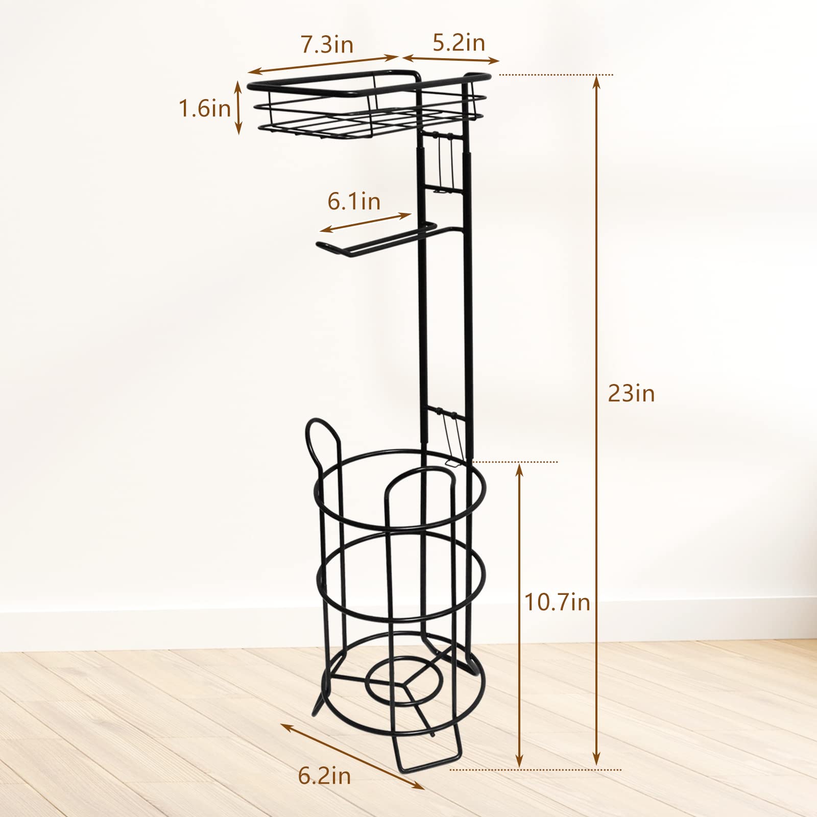 Sturdy Black Toilet Paper Holder Stand with Raised Base & Top Shelf - Bathroom Tissue Roll Dispenser & Storage Organizer for Home, Apartment, RV, and Office Use