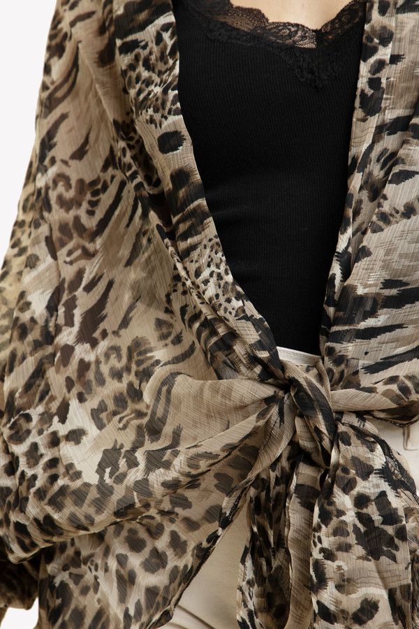 Leopard Print Tie Front Sheer Kimono Robe - Lightweight Cover Up for Women, Beachwear, Loungewear, and Boho Fashion