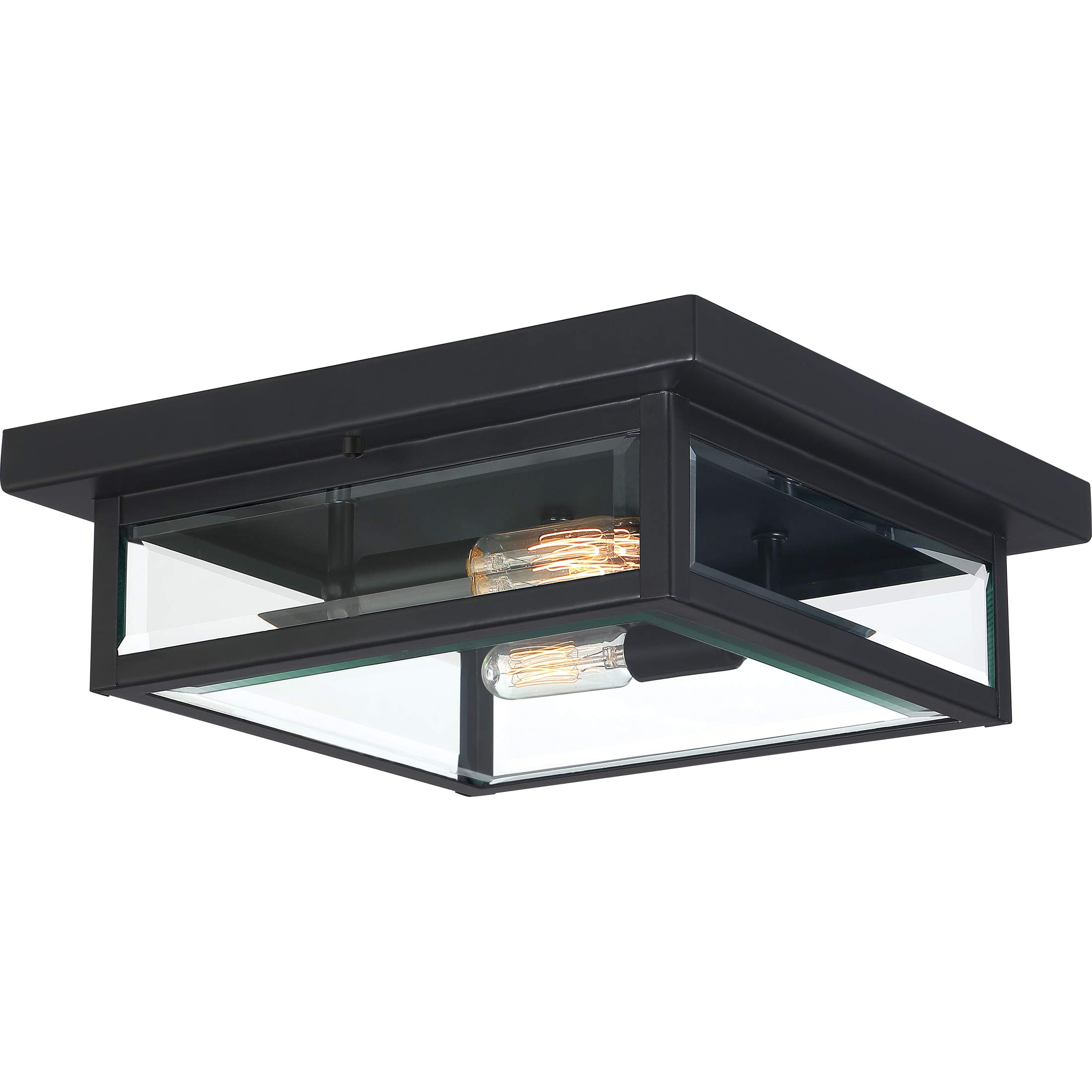 Quoizel Westover 12 Inch 2-Light Outdoor Flush Mount Ceiling Light - Black Industrial Lantern with Beveled Glass - Farmhouse Porch Patio Hallway Yard Lighting - Perfect for Outdoor Entryway, Garden & Backyard Decor