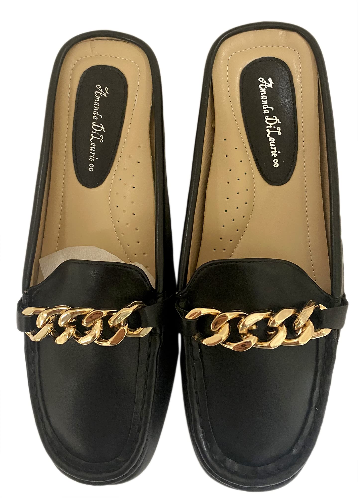 Amanda DiLaurie Women's Mule Slip-On Shoes with Gold Chain - Comfortable Backless Flats for Casual Wear, Office & Party Occasions
