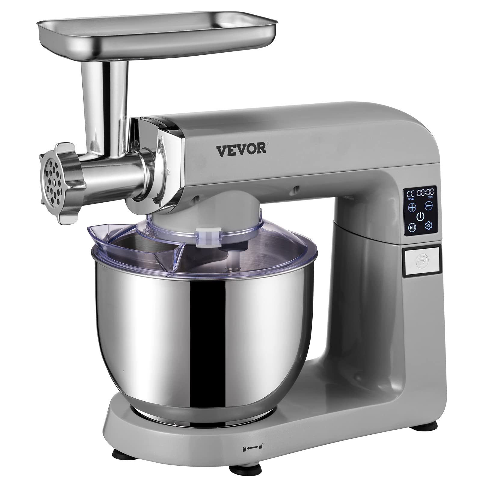 VEVOR 6-in-1 Stand Mixer 450W Tilt-Head Electric Kitchen Mixer with 6 Speeds LCD Timer, 7.4Qt Stainless Steel Bowl - Includes Dough Hook, Flat Beater, Whisk, Scraper, Grinder & Sausage Stuffer - Perfect for Baking, Cooking, Meal Prep & Home Kitchen Use (Gray)