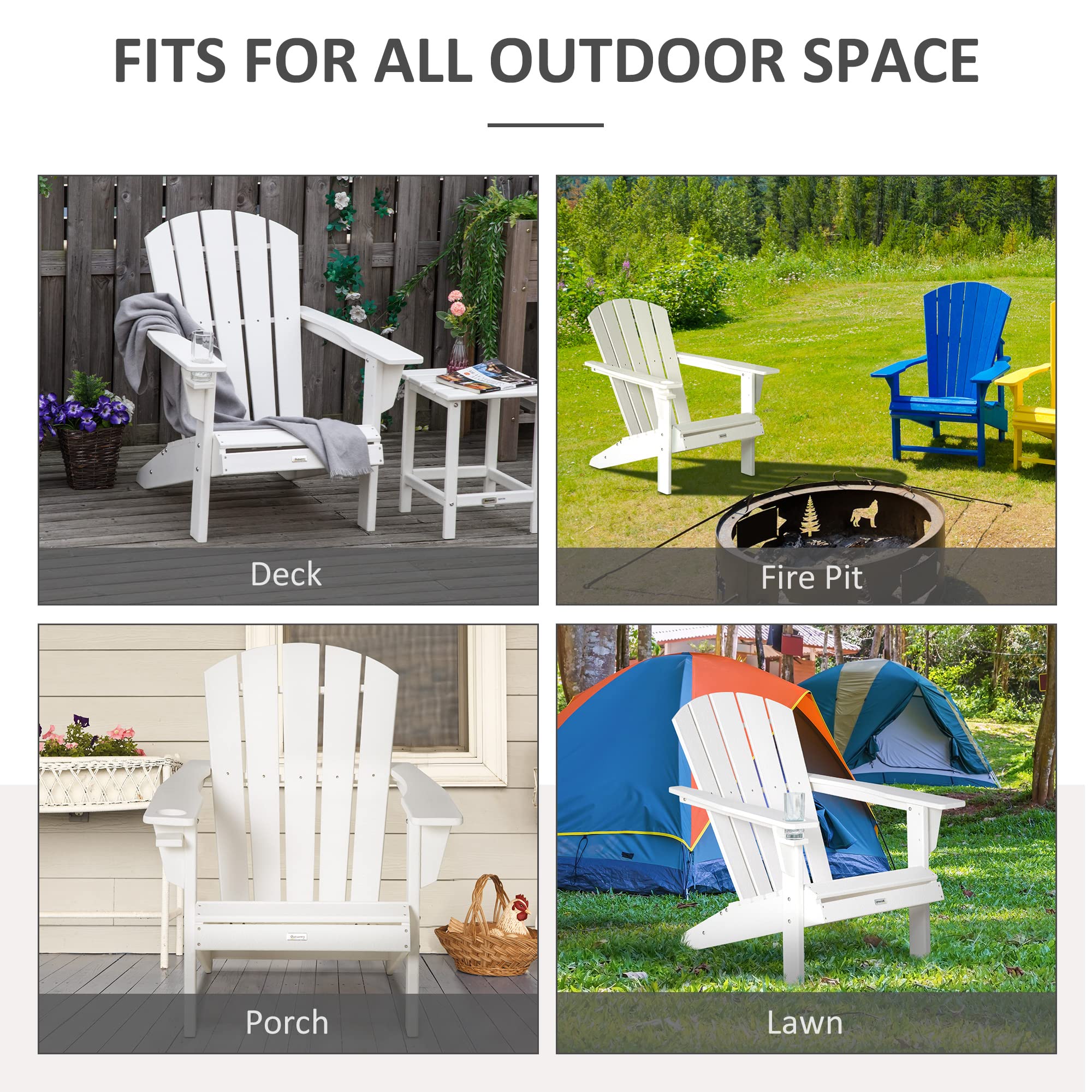 Outsunny White HDPE Adirondack Chair with Cup Holder - All-Weather Patio Lounger for Outdoor, Backyard, Garden, Deck & Lawn - Perfect for Fire Pit Seating, Relaxing & Entertaining Guests