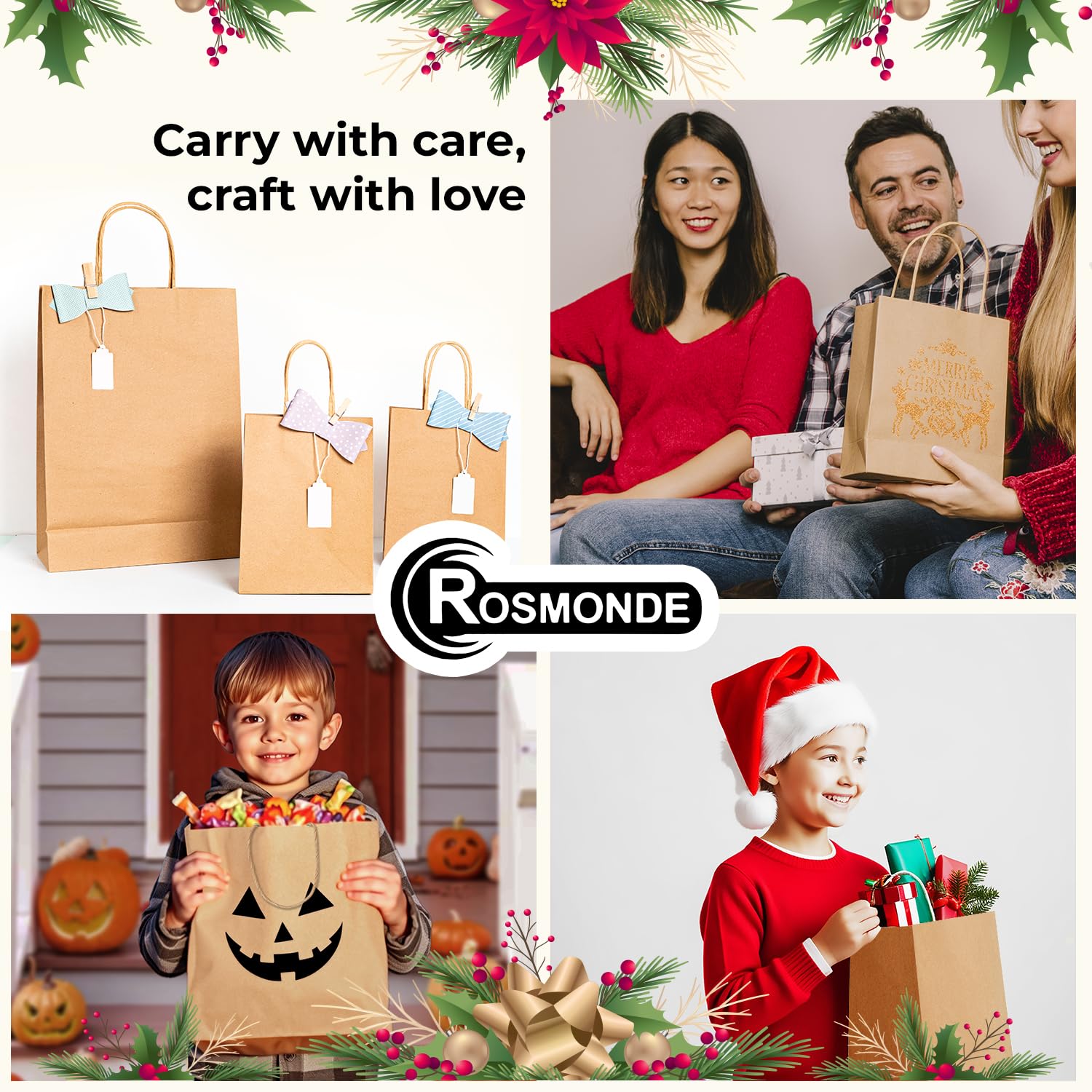 Rosmonde 400 Pack Brown Kraft Bags with Handles - Biodegradable & Heavy Duty for Retail & Gifts