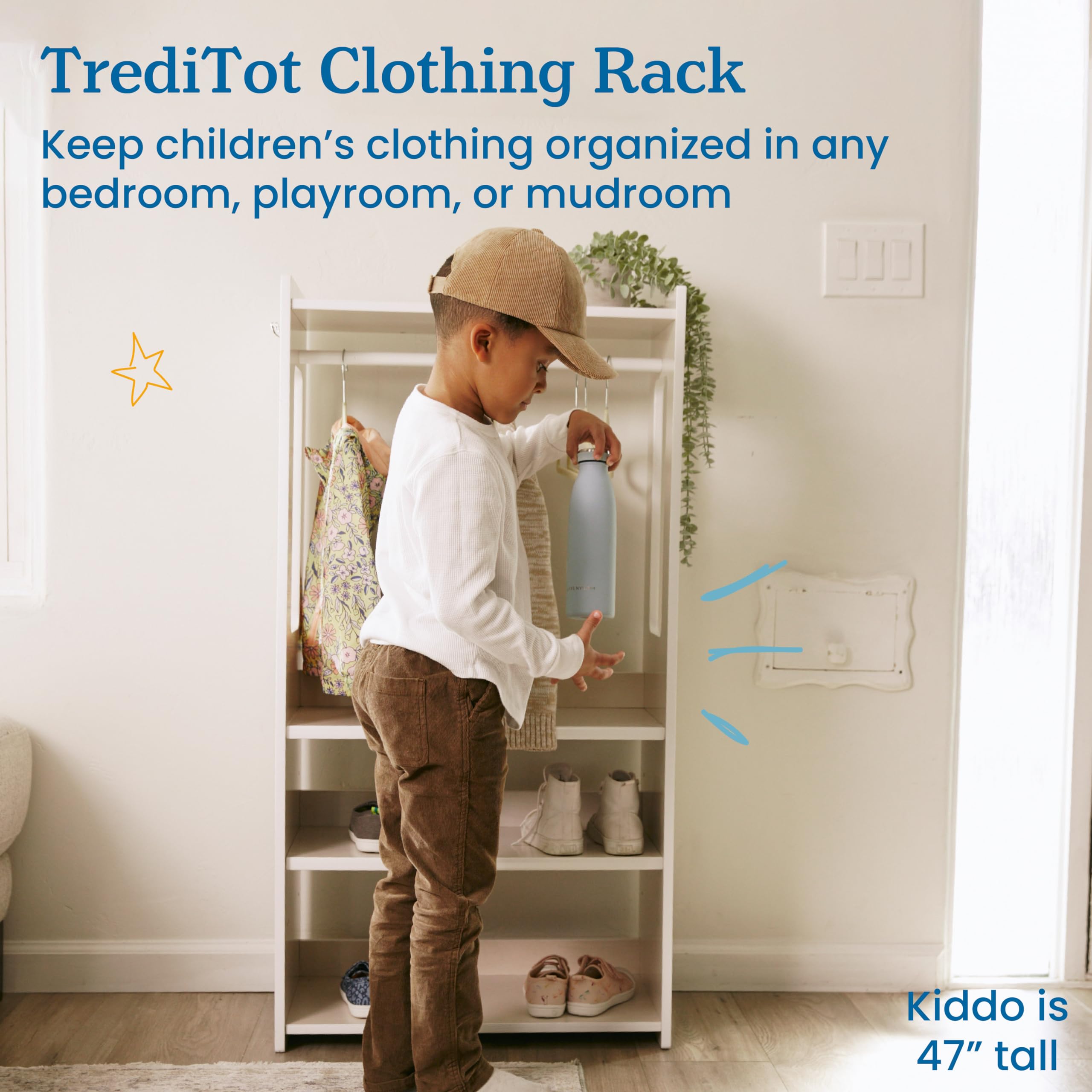 ECR4Kids TrendiTot Kids Clothing Rack - White Wash Wooden Wardrobe Organizer for Toddler Clothes & Accessories | Perfect for Bedroom, Nursery, and Playroom Storage