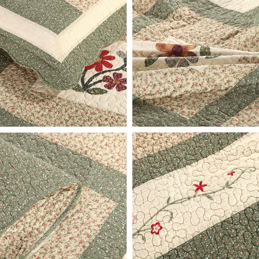 VCTOPS Farmhouse Green 2-Piece Embroidered Floral Quilted Bedspread Set - 100% Cotton Reversible Patchwork Coverlet with 1 Quilt & 1 Pillow Sham (Twin Size) - Perfect for Cozy Bedroom Decor, Guest Room & Farmhouse Style Home
