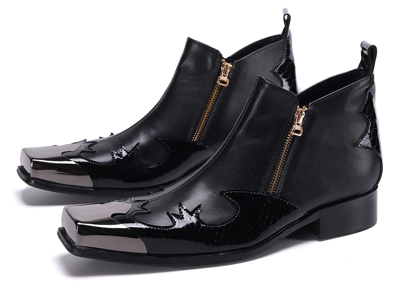 Santimon Men's Chelsea Boots - Black Leather Casual Square Toe Ankle Boots with Metal Tip & Side Zipper - Perfect for Work, Outdoor & Daily Wear