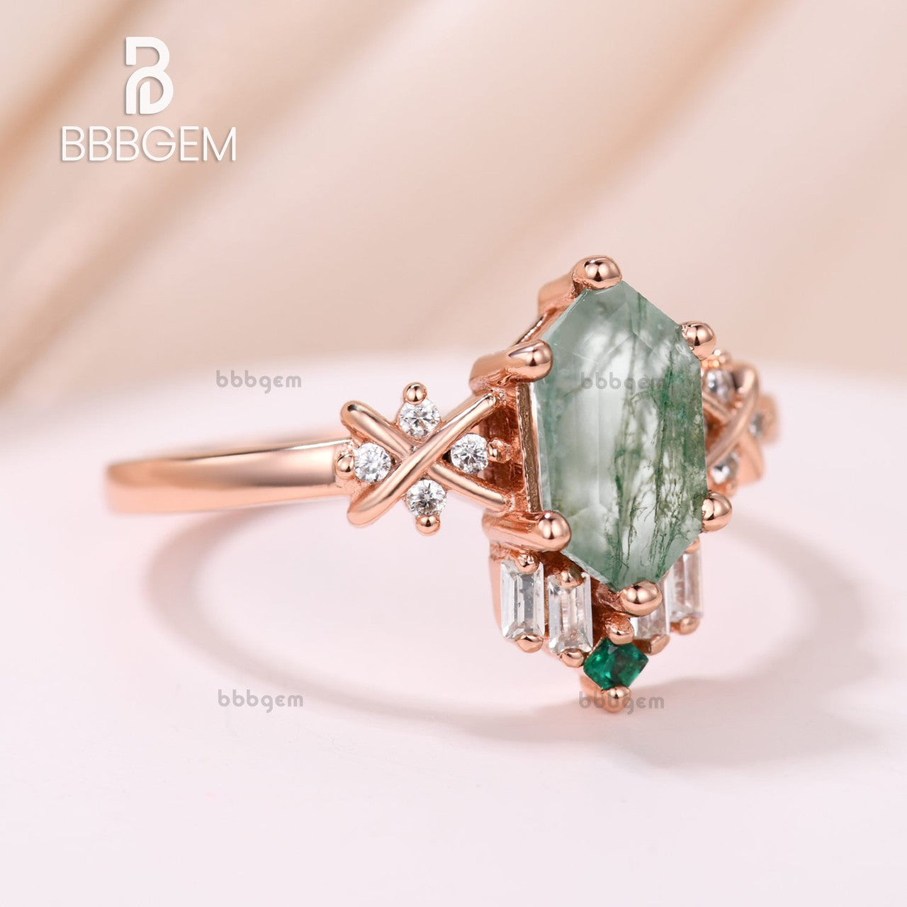 Unique Vintage 14K Rose Gold Hexagon Cut Moss Agate Engagement Ring with Diamond & Emerald Accents - Perfect for Romantic Proposals, Anniversary Gifts & Special Occasions