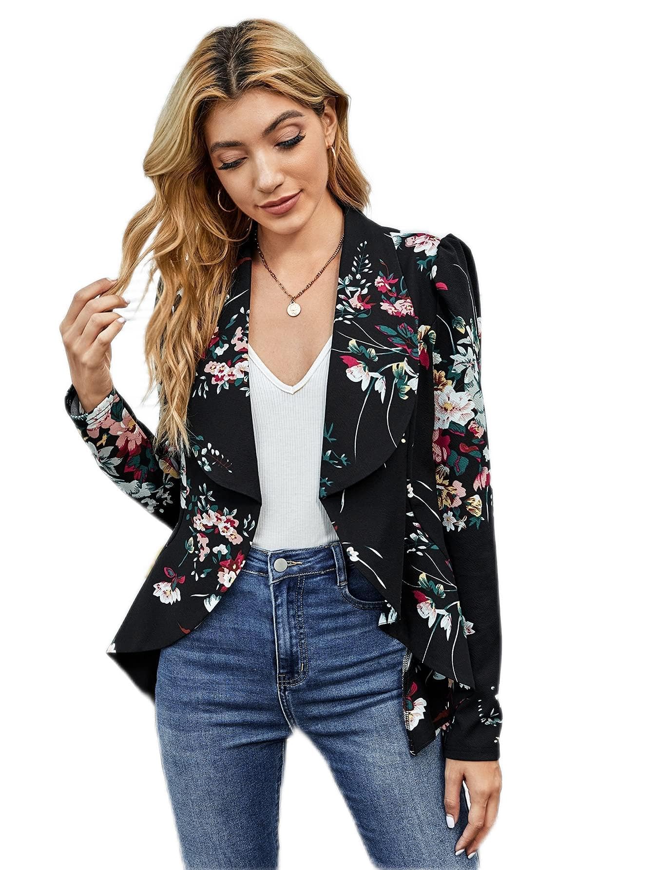 Neeno Women's Floral Blazer Jacket - Waterfall Collar, Asymmetrical Hem, Lightweight & Stylish (XS) - Perfect for Office Wear, Business Meetings & Spring Fashion Outfits